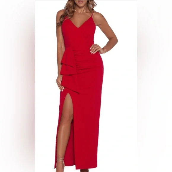 Xscape Ruffled High-Slit Gown, Red, Size 4 Xscape Ruffled High-Slit Gown, Red, Size 4